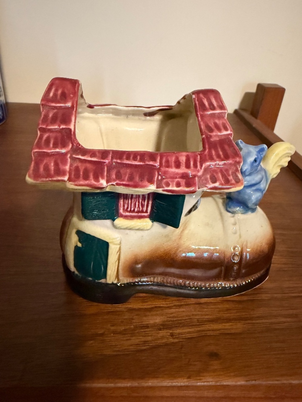 Vintage Shoe with blue squirrel planter